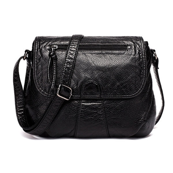 Black Small Women Messenger Bag Soft Washed PU Leather Crossbody Bag