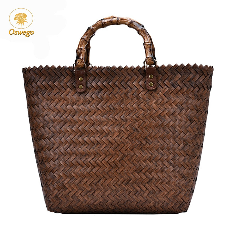 Oswego Retro Large-capacity Woven Rattan Bag Women Bamboo Handle Portable