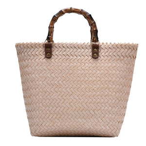 Oswego Retro Large-capacity Woven Rattan Bag Women Bamboo Handle Portable